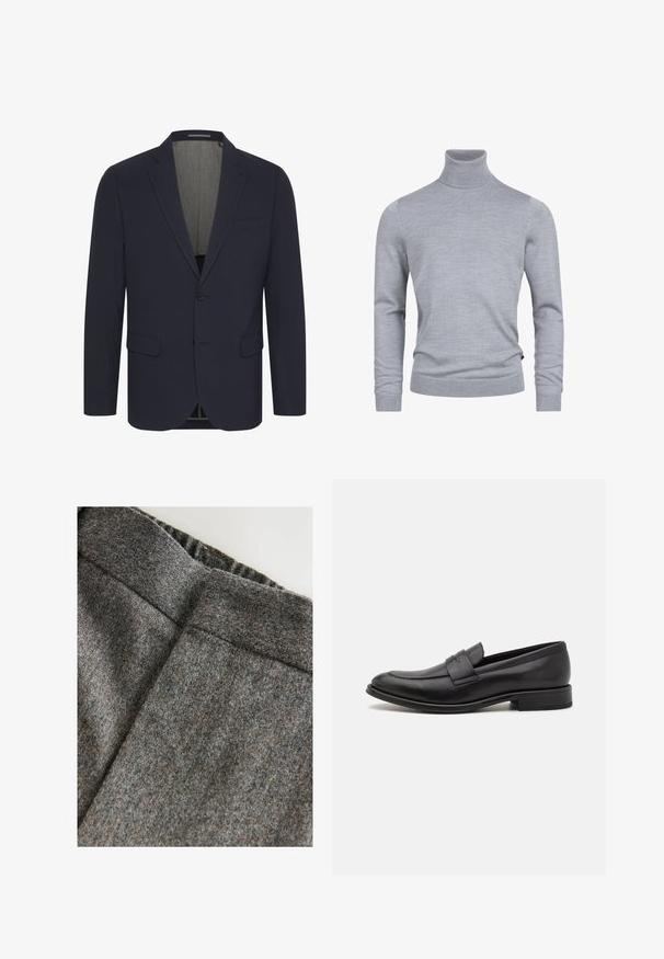 Mørkeblå blazer i et glat stof med ansteget revers, to forlommer, enkelt knaplukning og en lyse farvet inderfor.; Grå turtleneck sweater lavet af et blødt strikket stof. Har lange ærmer og en tætsiddende design med ribbede manchetter og kant. Enkel, glat tekstur.; Grå uldblandingsbukser med en glat tekstur, der har en bred talje og en ren, klassisk pasform. Subtile farveprikker er til stede.; Sort læderloafer med en glat finish, en dekorativ rem over vristen, rund tå og en lav stablet hæl.