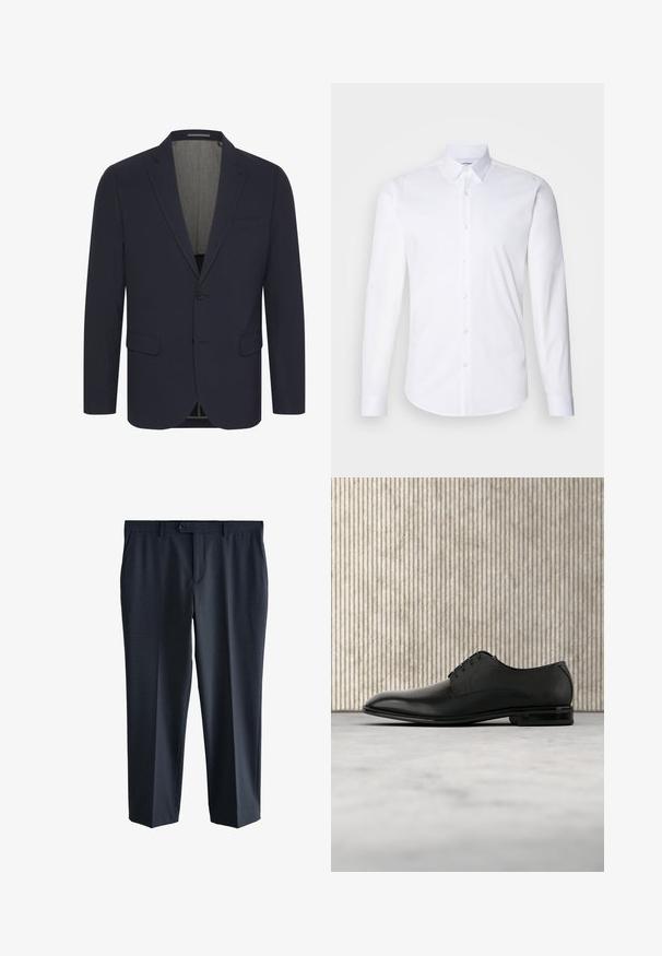 Mørkeblå blazer i et glat stof med ansteget revers, to forlommer, enkelt knaplukning og en lyse farvet inderfor.; Hvid langærmet skjorte med knaplukning lavet af glat bomuldsstof, med en klassisk krave, knaplukning og buet kant.; Marineblå bukser med bæltestropper, frontknap og lynlås samt lige ben.; Sort lædersko med en glat, poleret overflade og tekstureret overdel, der har seks snørehuller og en rundet tå.