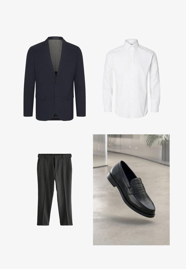 Blazer azul marino en una tela suave con solapas de muesca, dos bolsillos frontales, cierre de un solo botón y un forro interior de color claro.; Camisa blanca de manga larga con cuello puntiagudo, botones visibles en la parte delantera y puños abotonados.; Pantalones grises a medida con frente plano, dos bolsillos laterales y cierre de botón. Tela suave con una textura sutil y pliegues planchados.; Mocasín de cuero negro con textura suave, punta puntiaguda y una correa decorativa a lo largo del empeine. Suela ligera, diseño minimalista.