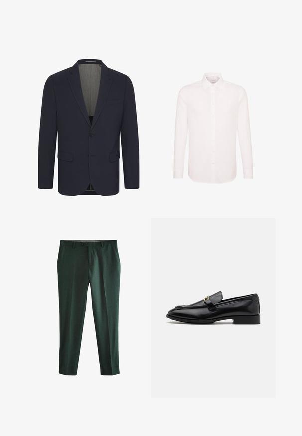 Mørkeblå blazer i et glat stof med ansteget revers, to forlommer, enkelt knaplukning og en lyse farvet inderfor.; Hvid skjorte med lange ærmer, knapper foran og klassisk krave, vist på ensartet hvid baggrund.; Mørkegrønne skræddersyede bukser med forreste knap, bæltestropper og sidelommer, lige ben pasform.; Sorte læder loafers med en afrundet tå, stikninger, en lille hæl og en guldhardware detalje på stroppen. Glat tekstur gennem hele skoen.