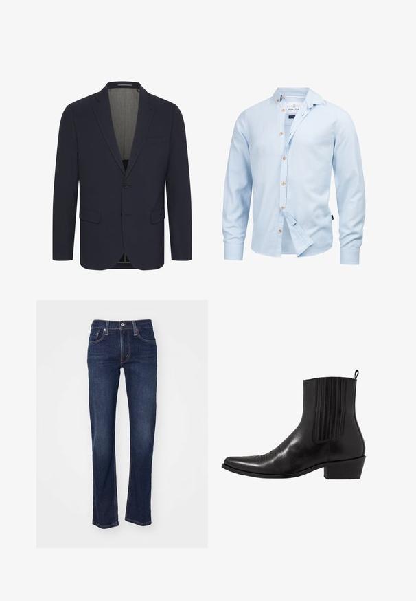 Mørkeblå blazer i et glat stof med ansteget revers, to forlommer, enkelt knaplukning og en lyse farvet inderfor.; Lyseblå langærmet skjorte med knapper i træ og knap-lukning på kraven, let åbnet øverst og nederst.; Mørkeblå denim jeans med lige benudskæring, der har et traditionelt fem-lomme design og syede detaljer ved sømmene.; Sort læder ankelstøvle med spids tå, elastiske sidepaneler, lodrette stikninger og en lav blokhæl.