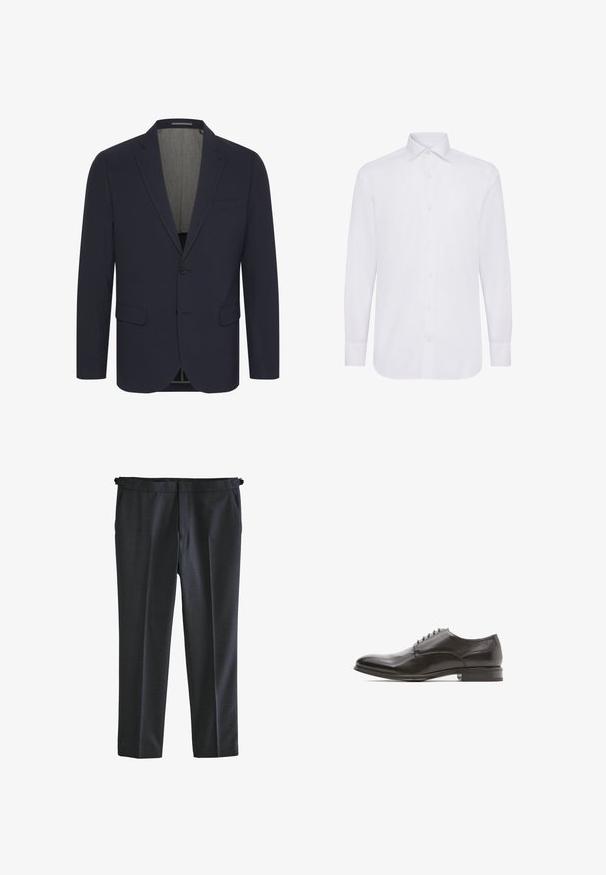 Mørkeblå blazer i et glat stof med ansteget revers, to forlommer, enkelt knaplukning og en lyse farvet inderfor.; Hvid langærmet skjorte med klassisk krave, knaplukning og lige søm. Lavet af glat bomuldsstof.; Mørkegrå skræddersyede bukser lavet af tekstureret stof. Har flad front, sidelommer og lige ben-design.; Sorte læder dresssko med rund tå, glat overflade, seks øjer til snøring, og en flad hæl med en let glans.