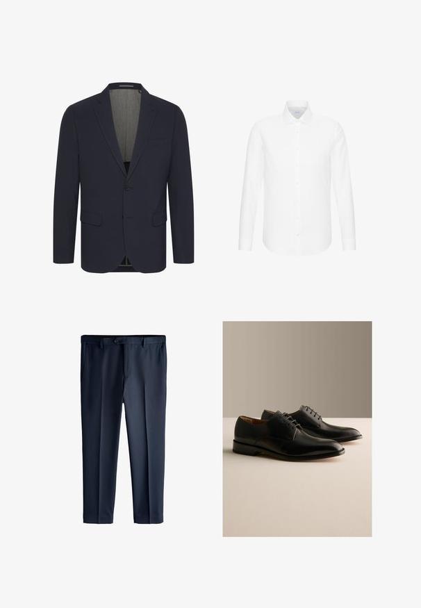 Mørkeblå blazer i et glat stof med ansteget revers, to forlommer, enkelt knaplukning og en lyse farvet inderfor.; Hvid skjorte med lange ærmer, knapper foran, spids krave og manchetter med knapper, vist på en ensfarvet hvid baggrund.; Navyblå herreformelle bukser med bæltestropper, sidelommer, en enkelt knap og lynlås.; Par sorte læder formelle snøresko udstillet på en lys overflade med en ensfarvet beige baggrund.