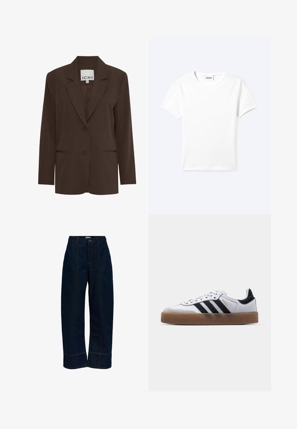 Blazer ajusté marron avec revers cranté, deux boutons à l'avant et deux poches discrètes ; tissu lisse avec une coupe structurée.; T-shirt blanc uni à manches courtes et col rond avec une petite étiquette "WEEKDAY" à l'intérieur de l'encolure, présenté à plat sur un fond clair.; Jean large à jambe large bleu foncé avec des détails de couture à l'avant, une fermeture à bouton et zip, et une taille mi-haute.; Baskets en cuir blanc avec des rayures noires, semelle extérieure en caoutchouc beige, bout rond, fermeture lacée et embout en suède gris doux.