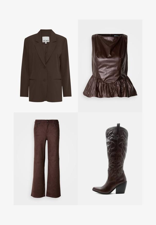 Blazer ajusté marron avec revers cranté, deux boutons à l'avant et deux poches discrètes ; tissu lisse avec une coupe structurée.; Haut peplum en cuir marron avec un col rond, une surface texturée et un volant évasé au niveau de l'ourlet. Design épuré et minimaliste.; Pantalons évasés marron en tissu doux semblable à du daim. Comprend quatre poches, une fermeture à bouton et une surface lisse et texturée.; Botte de cowboy haute en cuir marron foncé avec motifs décoratifs cousus, bout pointu et talon bloc empilé.