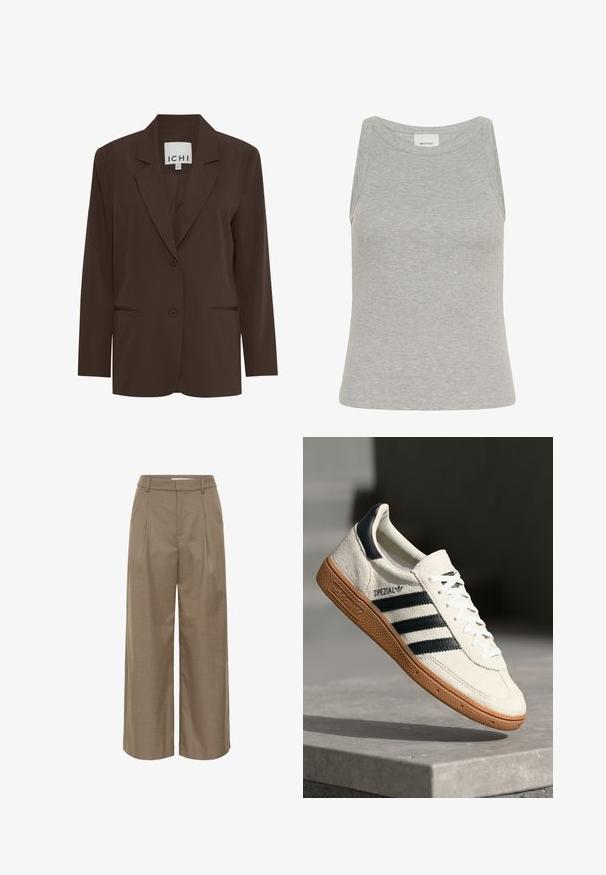Blazer ajusté marron avec revers cranté, deux boutons à l'avant et deux poches discrètes ; tissu lisse avec une coupe structurée.; Débardeur gris côtelé avec un col rond et un design sans manches. Fabriqué en tissu doux, il présente une silhouette ajustée et des coutures minimales.; Pantalon beige à jambes larges avec passants de ceinture, plis devant et taille haute.; Baskets en daim blanc avec des bandes navy, semelle en caoutchouc gomme, tige texturée, bout rond et lacets ; arbore un logo sur le côté et sur la languette.