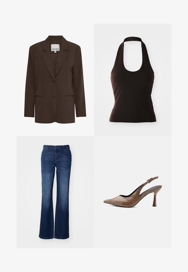 Blazer ajusté marron avec revers cranté, deux boutons à l'avant et deux poches discrètes ; tissu lisse avec une coupe structurée.; Top noir à halter en tissu doux, avec un col large en scoop et une silhouette ajustée, sans motifs ni ornements supplémentaires.; Jeans évasés en denim bleu avec une taille mi-haute, cinq poches et une légère décoloration au niveau des cuisses. Dotés d'une fermeture à bouton et à glissière à l'avant.; Chaussure slingback en cuir marron à talons hauts, bout pointu, bride ajustable à boucle et talon fin et effilé.