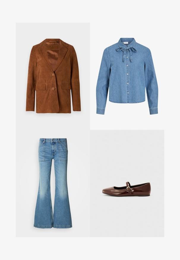 Brun ruskindjakke med slagkrave, to frontlommer, enkeltknap lukning og glat satinforing.; Lyseblå denimskjorte med lange ærmer, sølvfarvede trykknapper foran og en bundet sløjfe ved kraven.; Lyseblå denim bukser med flare og høj talje. Indeholder to forlommer og falmende mønster langs benene. Bukseafsatsen er let frynset.; Brun patentlæder balletflade med firkantet tå og strop med en lille guldbuckle. Glat tekstur, lav hæl og minimalistisk design.
