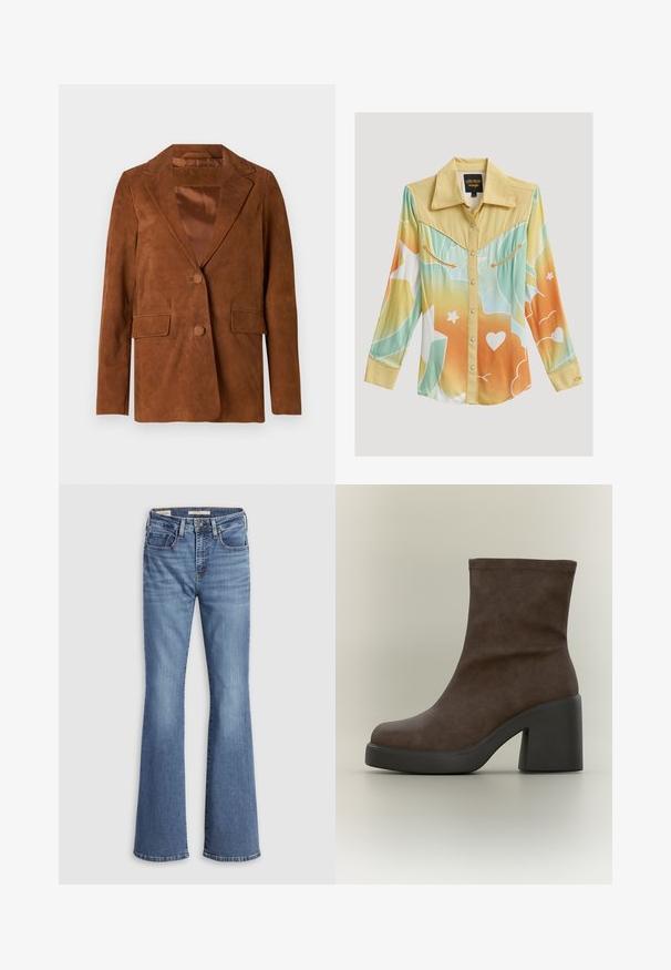 Blazer en daim marron avec un col cranté, deux poches avant, fermeture à un bouton et doublure en satin lisse.; Chemise western à manches longues avec empiècement jaune, dégradé pastel bleu, orange et blanc, boutons-pression et surpiqûres décoratives en forme de flèche sur les poches poitrine.; Jean flare en denim bleu clair avec une taille haute, doté de cinq poches, de coutures contrastées et d'une texture douce.; Bottine en daim marron avec une semelle plateforme noire épaisse et un talon haut massif sur fond neutre.