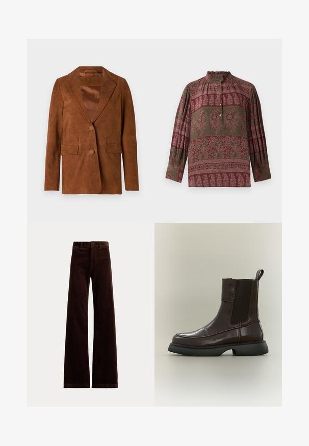 Bruine suède blazer met een notch-lapel, twee voorkezen, een enkele knoopsluiting en een soepele satijnen voering.; Bordeaux knoopshirt met een hoge hals, voorzien van bloemmotieven, structuurstof en lange mouwen met geplooide details.; Donkerbruine wijdvallende ribfluwelen broek met lussen voor een riem en een knoopsluiting aan de voorkant op een effen achtergrond.; Donkerbruine leren enkellaars met zwart elastisch zijpaneel en stevige zwarte zool op neutrale achtergrond.