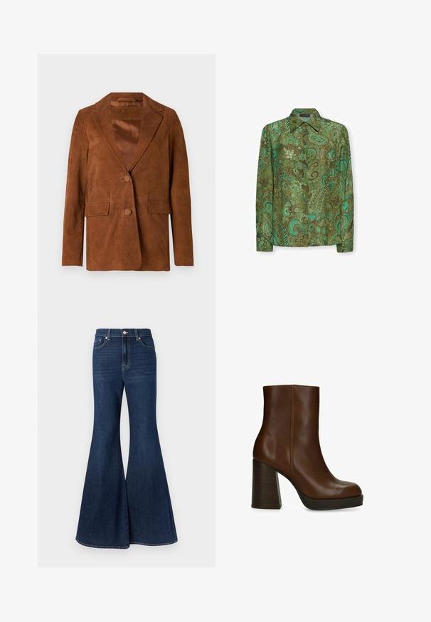 Bruine suède blazer met een notch-lapel, twee voorkezen, een enkele knoopsluiting en een soepele satijnen voering.; Overhemd met lange mouwen en knopen, met groen en blauwgroen paisley bloemenpatroon en puntkraag op een witte achtergrond.; Donkerblauwe denim flared jeans met een hoge taille, voorzien van een knoopsluiting aan de voorkant en contrasterende stiksels langs de naden.; Bruine leren enkellaars met een ronde neus, dikke gestapelde blokhak en een gladde afwerking op een witte achtergrond.