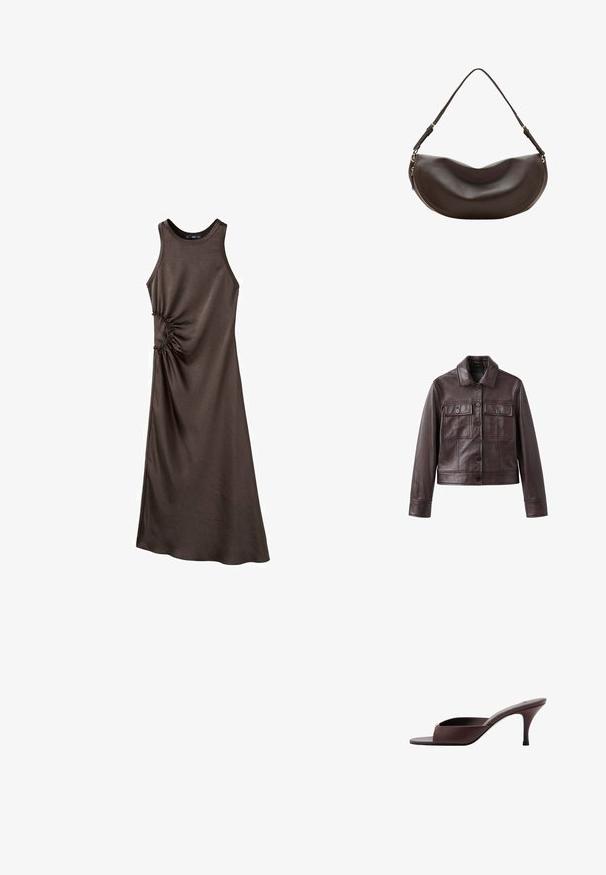 Veste en cuir marron foncé avec fermeture à boutons, deux poches poitrine à rabat avec boutons, manches longues et col classique.; Robe marron sans manches en tissu lisse avec un détail froncé sur le côté, présentant une silhouette longue et droite ainsi qu'un col rond.; Mule marron foncé à bout ouvert, talon bas incurvé et large bride sur l'avant.; Sac à bandoulière en cuir marron foncé avec une forme courbée, une sangle réglable et une fermeture éclair dorée le long du bord inférieur.