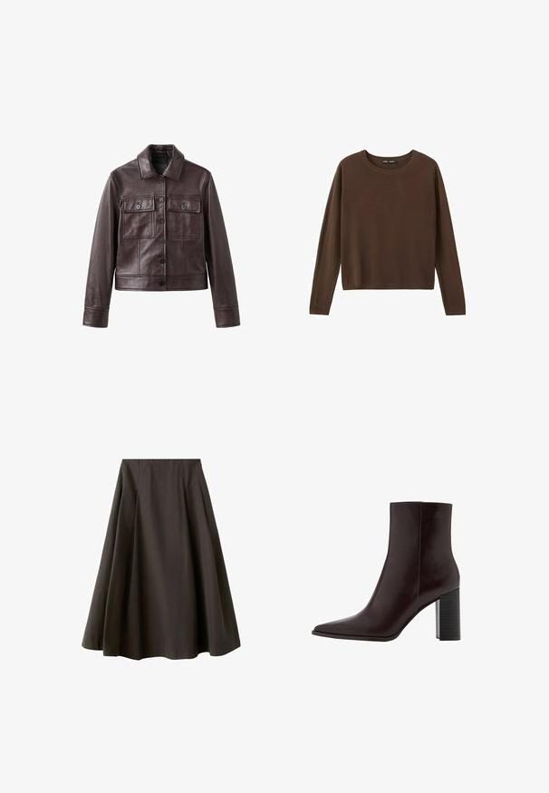 Veste en cuir marron foncé avec fermeture à boutons, deux poches poitrine à rabat avec boutons, manches longues et col classique.; Pull marron à manches longues avec un col rond, un design simple et uni, et un col, des poignets et un ourlet côtelés.; Jupe noire trapèze à taille haute avec ourlet évasé, fabriquée en tissu lisse, présentée sur fond blanc.; Bottine en cuir marron à bout pointu, texture lisse, avec un talon haut noir épais. Présente des coutures minimales et un design épuré.