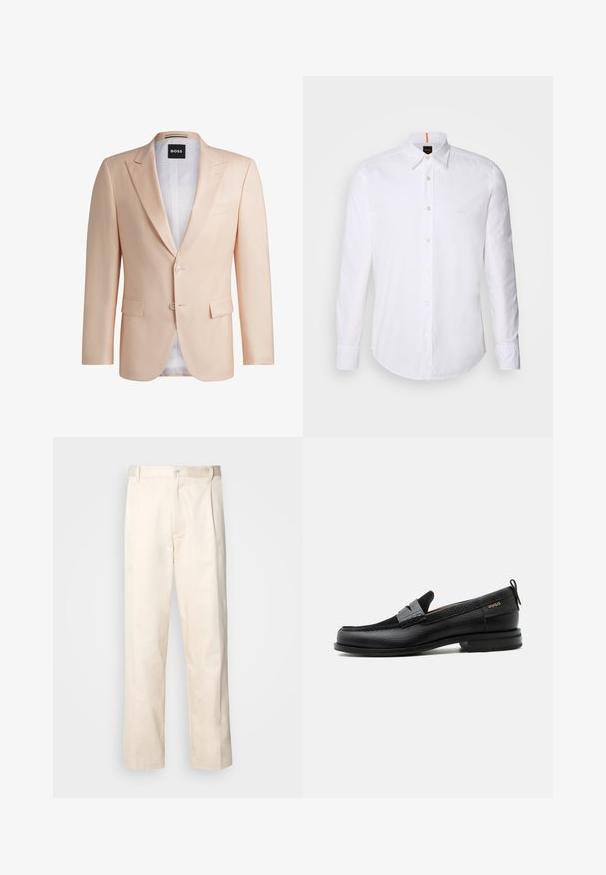 Veste de costume ajustée en pêche clair fabriquée en tissu lisse. Elle présente des revers crantés, deux boutons sur le devant et deux poches avant. Doublure blanche visible.; Chemise blanche à manches longues et à boutons en coton, avec un col classique, un logo discret près de la poitrine et des boutons blancs.; Pantalon en coton beige avec une coupe droite, présentant une fermeture à bouton et des plis sur le devant pour plus de détails.; Mocassin en cuir noir avec détail de bride grise, talon bas et semelle texturée, marqué "HUGO" en or sur le côté.