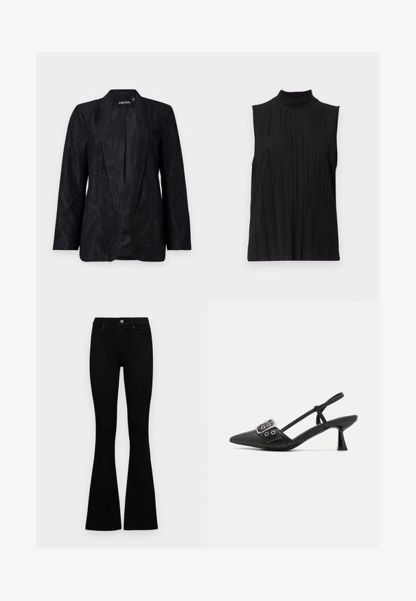 Blazer en dentelle noire avec un motif floral texturé, design à ouverture frontale et manches longues. Doublure intérieure en satin lisse visible.; Top noir sans manches avec un col élevé, présentant une texture plissée verticale. Le tissu semble lisse avec un léger éclat.; Jean noir taille haute avec fermeture à bouton et à zip, poches avant et jambes évasées, posés à plat sur un fond blanc.; Simmi London DALA - Escarpins - black