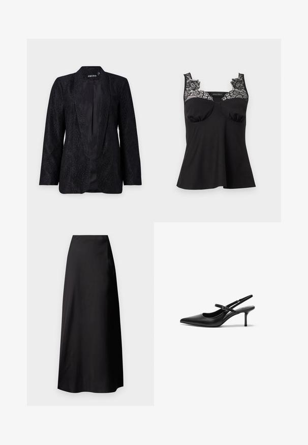 Blazer en dentelle noire avec un motif floral texturé, design à ouverture frontale et manches longues. Doublure intérieure en satin lisse visible.; Haut noir sans manches avec des détails en dentelle sur les épaules et le haut de la poitrine, avec un léger plissage sous la poitrine et une coupe ajustée.; Jupe maxi en satin noir avec une texture lisse, taille haute, silhouette fluide et sans motifs ni détails en métal visibles.; Talons aiguilles noires en cuir avec un bout pointu, une fine bride réglable, et un talon aiguille d'environ 5 cm, texture lisse.