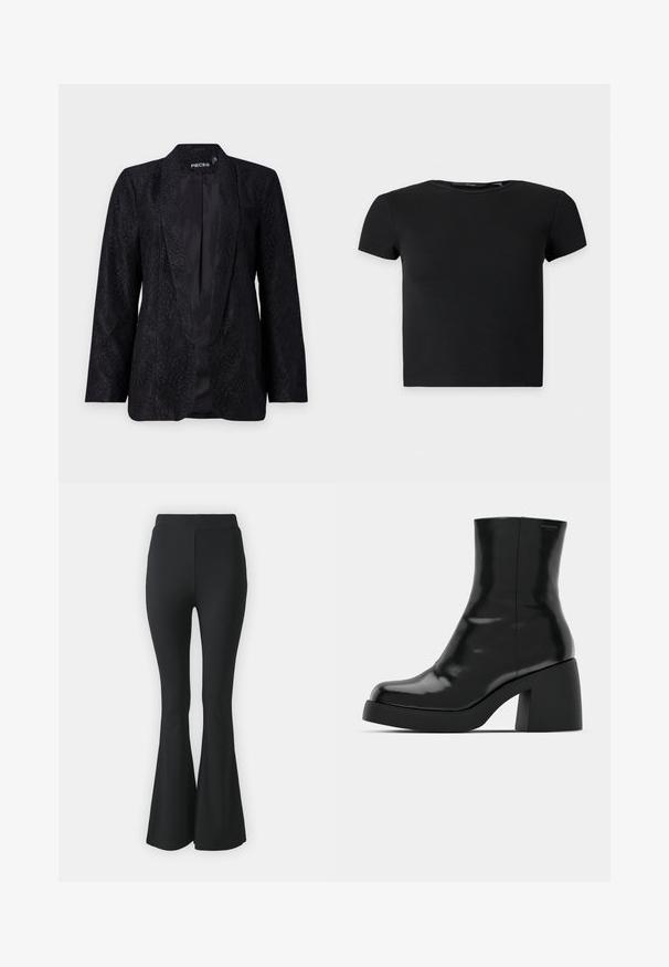 Mustmust rõivaste kombinatsioon, millel on tekstureeritud lillemuster, avatud eesmine disain ja pikad varrukad. Sile satiinvooder on nähtav.; Must lühikeste varrukatega soonikkoes crop top ümarate kaelustega, esitatud lihtsal heledal taustal.; Mustast lõtvuvate pükste, mis on valmistatud venivast kangast. Omab kõrget vööd ja sujuvat, keha järgivat disaini, mis laieneb põlve alt allapoole.; Mustad mustad, läikiva viimistlusega, ruudukujulise varbaga ja paksu plokktallaga. Kujundus sisaldab sujuvat siluetti ja minimaalset brändimist.