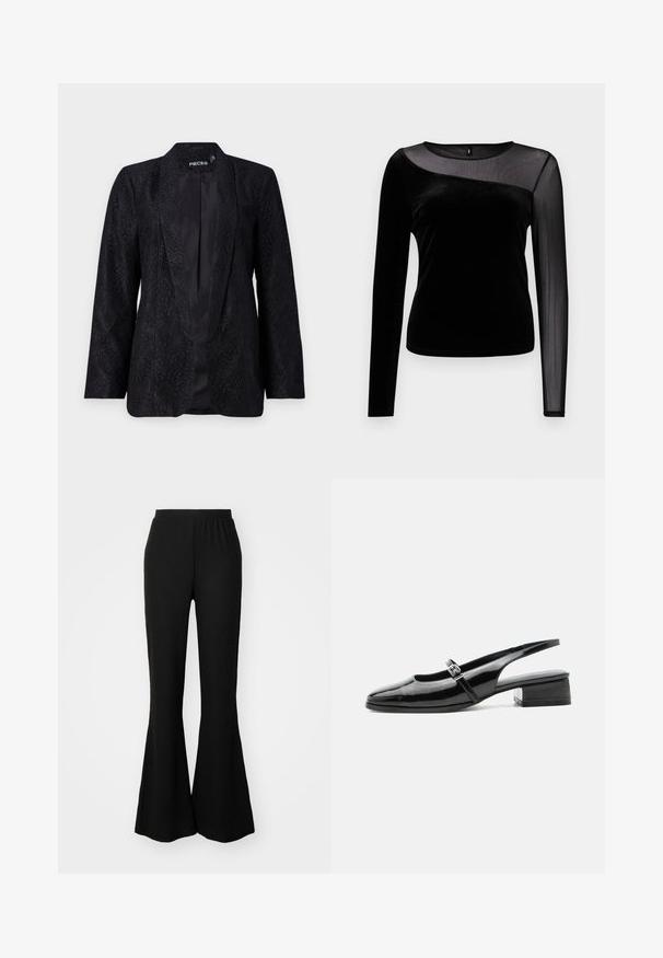 Blazer en dentelle noire avec un motif floral texturé, design à ouverture frontale et manches longues. Doublure intérieure en satin lisse visible.; Haut noir à manches longues en velours doux, avec un design en tulle transparent au niveau de l'encolure, présentant un col rond et une coupe ajustée.; Pantalon noir évasé avec une taille élastique, fabriqué à partir d'un tissu texturé. Le pantalon a un haut ajusté et des jambes inférieures larges et fluides.; Chaussure slingback en cuir verni noir avec un petit talon bloc et une fine bride avec une boucle argentée sur le dessus.