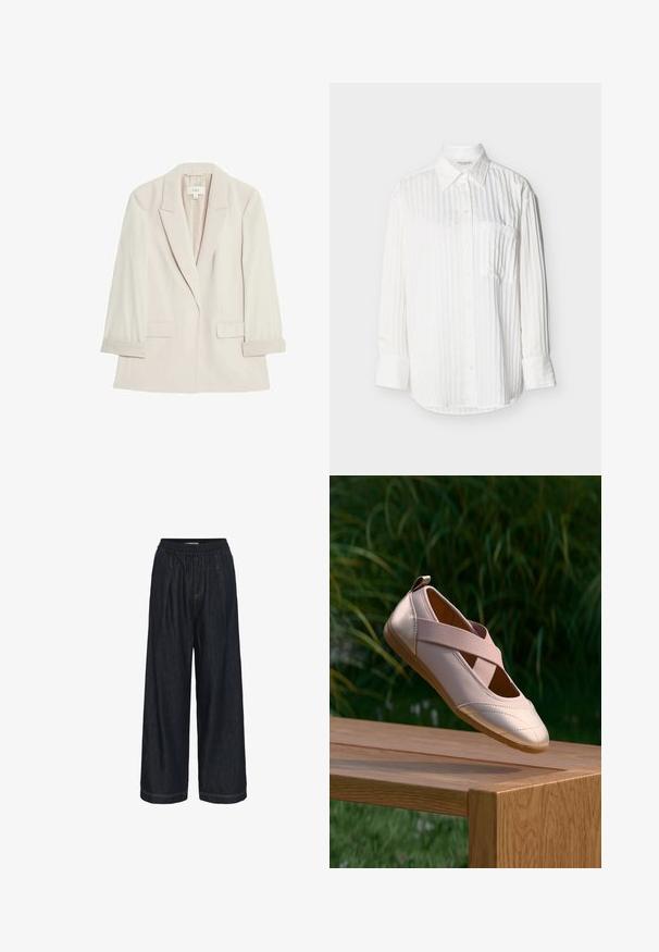 Blazer beige claro hecho de tela suave, con cierre de un solo botón, solapas ahuecadas y dos bolsillos frontales con puños doblados.; Camisa blanca de manga larga con botones, con sutiles rayas verticales, cuello puntiagudo, bolsillo frontal en el pecho y puños abotonados sobre fondo liso.; Pantalones vaqueros azul oscuro de pierna ancha con cintura elástica y detalles de costura amarilla visibles.; Bailarina rosa pálido con tiras elásticas cruzadas, flotando sobre un banco de madera al aire libre, con plantas verdes de fondo.