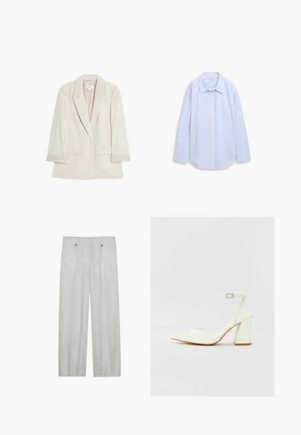 Lys beige blazer lavet af glat stof, med en enkelt knaplukning, notch-lapel krave og to frontlommer med foldede manchetter.; Lyseblå langærmet skjorte med knapper og tynde hvide lodrette striber samt spids krave, vist fladt på en hvid baggrund.; Lys grå, vid benbukser lavet af et blødt stof. Har to frontfolder, to knaplukninger og en glat tekstur.; Hvide hælede sandaler med spids tå, justerbar ankelrem og en kraftig firkantet hæl. Glat tekstur med minimale syninger.