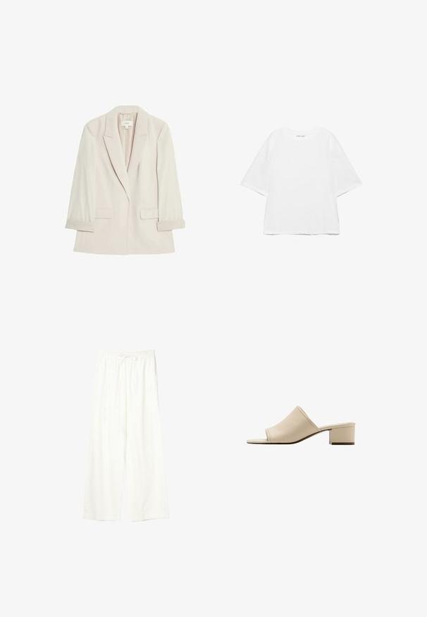 Blazer beige clair en tissu lisse, avec une fermeture à un bouton, des revers crantés et deux poches avant avec des poignets repliés.; T-shirt blanc oversize à manches courtes avec col rond, design uni, et coutures d'épaule tombantes sur fond blanc.; Pantalon blanc à jambes larges avec taille élastique et cordon de serrage, en tissu léger.; Sandale mule beige à bout ouvert avec un petit talon bloc et une tige en cuir lisse, vue de profil sur fond blanc.