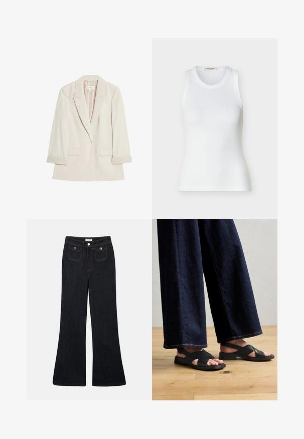 Lys beige blazer lavet af glat stof, med en enkelt knaplukning, notch-lapel krave og to frontlommer med foldede manchetter.; Hvid ribbet ærmeløs tanktop med rund halsudskæring, tætsiddende pasform og Scotch & Soda mærke indeni kraven.; Sorte denim jeans med høj talje, flared ben, to frontlommer og orange syninger. Materialet ser solidt og glat ud.; Sorte lædersandaler med et krydsdesign, flad sål og minimal hardware, parret med vide mørke denim-bukser.