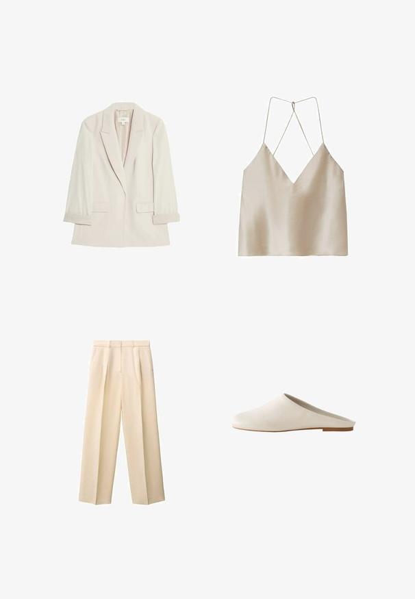 Lys beige blazer lavet af glat stof, med en enkelt knaplukning, notch-lapel krave og to frontlommer med foldede manchetter.; Beige satin camisole med dyb V-hals og tynde, krydsede spaghettistropper bagpå.; Beige vide ben bukser med høj talje, frontfolde og sidelommer. Fremstillet af et glat materiale med en struktureret silhuet.; Lavhælet slip-on mule sko i glat off-white læder med lukket tå og åben hæl, på en flad tan sål.