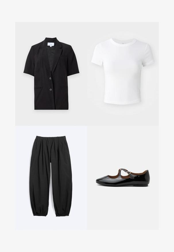 Blazer noir à manches courtes avec revers, deux boutons sur le devant et poches passepoilées, présenté à plat sur fond blanc.; T-shirt courte à manches courtes, blanche, avec un col rond, présentée sur un fond neutre et lumineux.; Pantalon noir ample et fuselé avec taille élastique et poignets aux chevilles, fabriqué en tissu léger.; Chaussure plate Mary Jane en cuir verni noir avec deux découpes et une bride à boucle dorée sur fond blanc.