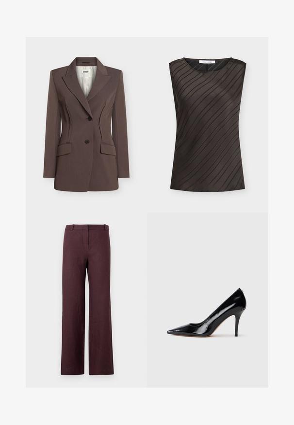 Blazer marron cintré avec deux boutons noirs, coutures structurées à la taille, revers crantés et deux poches à rabat frontales.; Haut sans manches marron foncé avec des rayures noires diagonales, col rond et étiquette de la marque à l'intérieur du col.; Pantalon droit marron foncé avec une ceinture et une fermeture avant cachée, présenté sur un fond clair uni.; Escarpin à talon haut en cuir verni noir avec un bout pointu, présentant une texture lisse et un talon aiguille mince. Aucun accessoire visible.