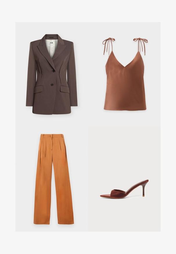 Blazer marron cintré avec deux boutons noirs, coutures structurées à la taille, revers crantés et deux poches à rabat frontales.; Top marron sans manches avec un col en V et fines bretelles nouées en nœuds sur un fond uni clair.; Pantalon ample couleur rouille avec plis, passants pour ceinture et fermeture éclair cachée à l'avant, présenté à plat sur un fond blanc.; Mule en daim marron à talon haut avec bout pointu et talon aiguille fin sur fond clair uni.
