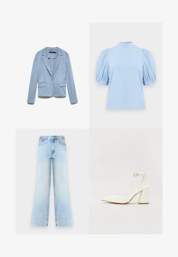 Blazer bleu clair ajusté avec col à revers, fermeture par un bouton, manches longues et deux poches avant à rabat.; Blouse bleu clair texturée à manches courtes bouffantes, col montant et fermeture par bouton au dos du col.; Jean large bleu clair à taille haute, passants de ceinture tressés, bouton frontal, fermeture éclair et deux poches sur fond blanc.; Sandale blanche à talon avec un bout pointu, sangle de cheville réglable et un talon carré épais. Texture lisse avec des détails de couture minimaux.