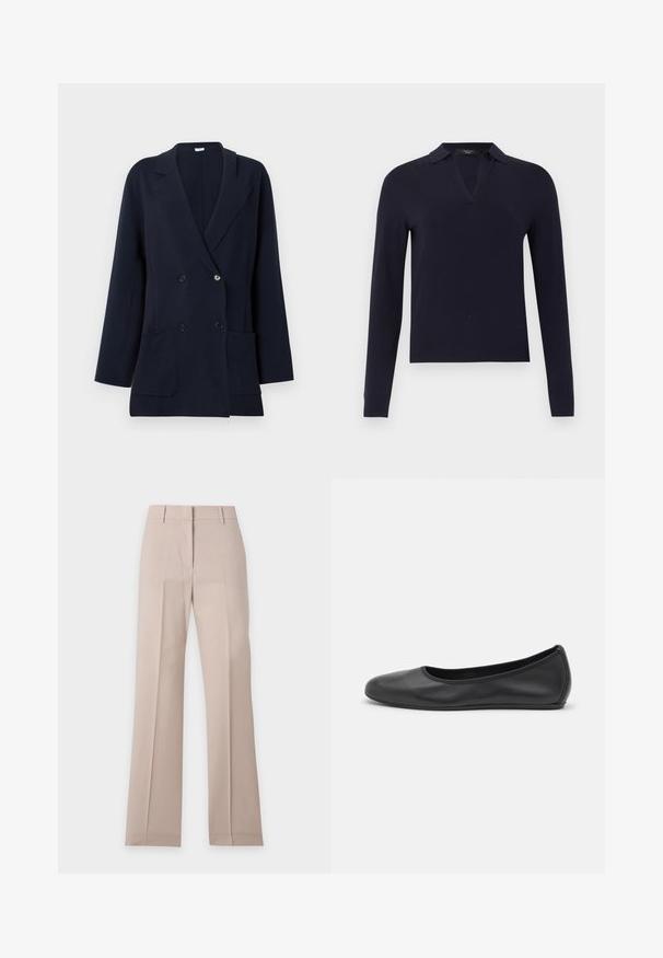 Blazer bleu marine croisé avec larges revers, manches longues, poches avant et boutons noirs sur fond blanc.; Pull bleu marine à manches longues avec un col en V fendu et des poignets ajustés, présenté sur un fond gris clair uni.; Pantalon beige à jambes droites avec passants de ceinture et pli devant, présenté à plat sur fond blanc.; Ballerines en cuir noir avec un bout rond, texture lisse, détails de couture minimalistes et design de semelle flexible.