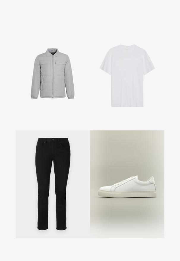 Veste zippée gris clair avec un col, deux poches poitrine, des poignets élastiques, une texture matelassée et des éléments en métal argenté.; T-shirt en coton blanc à manches courtes, col rond et texture lisse. Présente un branding minimal au niveau du col.; Jean en denim noir avec une coupe slim, design à cinq poches, passants de ceinture et fermeture à bouton à la taille.; Baskets blanches basses à lacets sur l’avant et semelle épaisse, vues de côté sur un fond neutre.