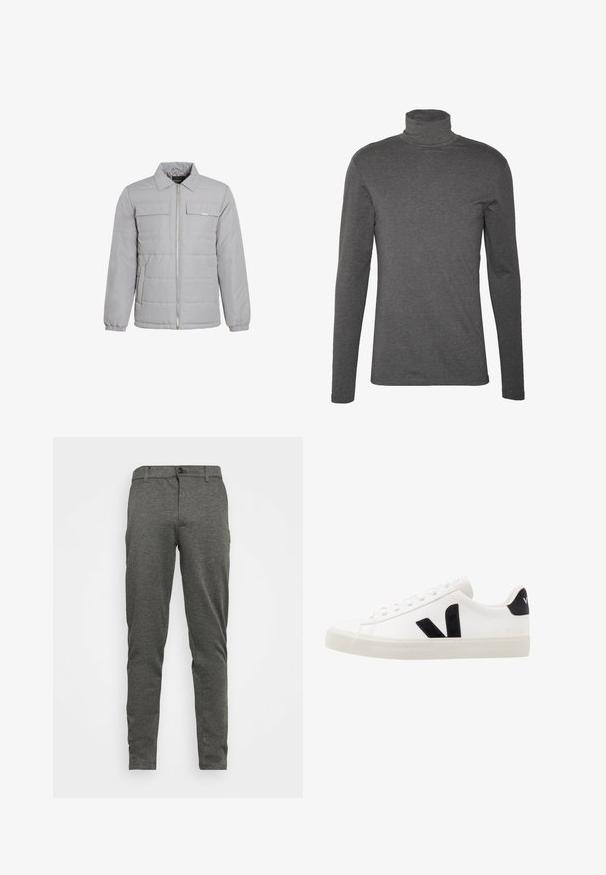 Veste zippée gris clair avec un col, deux poches poitrine, des poignets élastiques, une texture matelassée et des éléments en métal argenté.; Chemise à col roulé gris à manches longues en tissu doux, au design ajusté et avec des détails de couture minimalistes autour du cou et des poignets.; Pantalons en motif chevrons gris avec une coupe droite, dotés d'une fermeture à bouton à l'avant et de poches sur les côtés. Fabriqués en tissu texturé.; Sneaker blanche en cuir avec des accents en daim noir ; dispose d'une semelle en caoutchouc, d'un bout rond et d'un design classique à lacets. Logo latéral en noir.