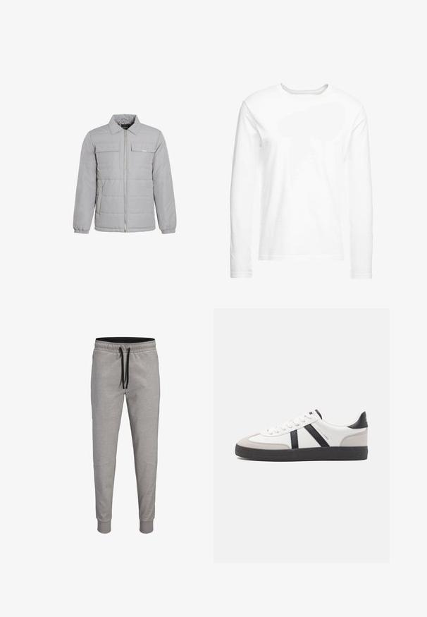Veste zippée gris clair avec un col, deux poches poitrine, des poignets élastiques, une texture matelassée et des éléments en métal argenté.; T-shirt blanc à manches longues en coton doux. Encolure ronde avec des ourlets droits et sans motifs ni graphiques visibles.; Pantalon de jogging gris clair fuselé avec taille élastique noire à cordon et chevilles resserrées.; Baskets blanches avec des accents noirs et gris, présentant un embout texturé gris, une semelle en caoutchouc noir et des lacets plats blancs. Design épuré, style minimaliste.