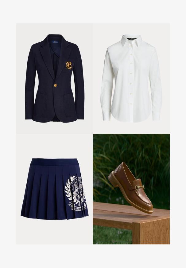 Blazer azul marino con botón dorado, dos bolsillos delanteros y logotipo bordado en oro en el bolsillo izquierdo del pecho.; Camisa blanca de manga larga con botones, con cuello clásico y botones delanteros visibles, mostrada sobre un fondo liso.; Falda plisada azul marino con cinturilla ancha y logotipo blanco con escudo temático de tenis en el lado inferior derecho.; Mocasín de cuero marrón con detalle de hebilla dorada flotando sobre un banco de madera al aire libre con fondo de follaje verde.