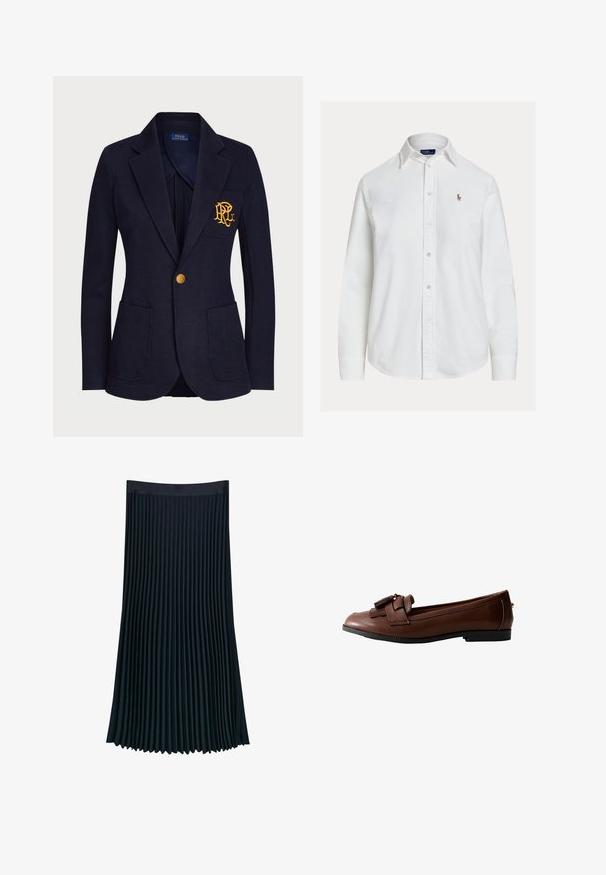 Marineblå blazer med guldknap, to forlommer og guldbroderet logo på venstre brystlomme.; Hvid langærmet skjorte med knapper og krave samt lille broderet logo på venstre bryst, vist på ensfarvet baggrund.; Plisseret nederdel i mørk marineblå stof, med en glat talje og lodrette plisseringer for tekstur og bevægelse, samt en svømmede silhuet.; Brun læder loafers med flad sål, detaljeret med en sløjfe og frynseaccent foran, med en glat tekstur og slank design.