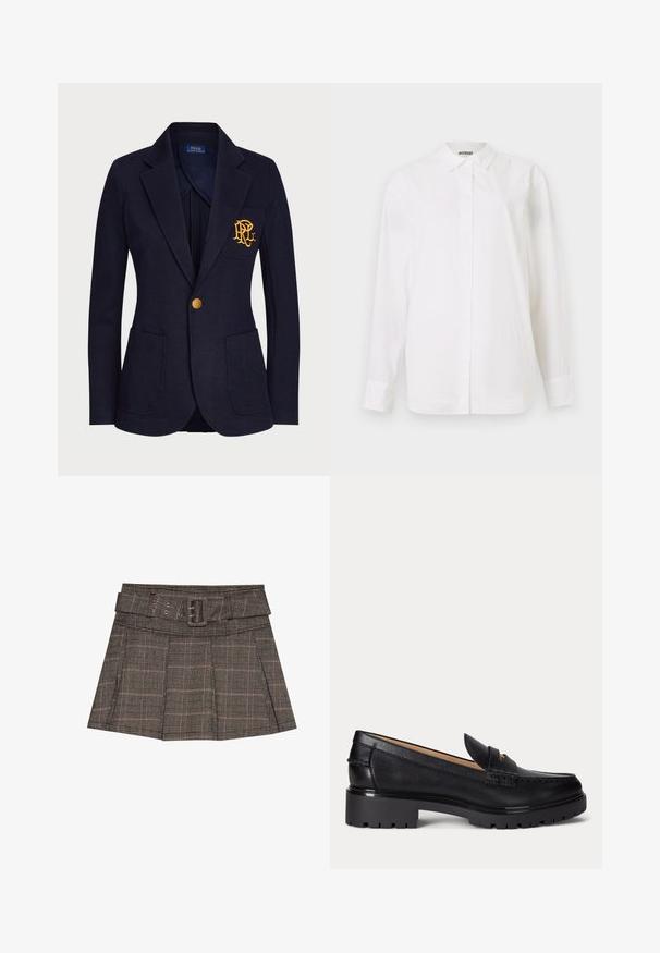 Veste bleu marine avec bouton doré, deux poches avant et logo brodé en or sur la poche poitrine gauche.; Chemise blanche à manches longues en tissu lisse. Dotée d'un col classique, d'une coupe droite et sans motifs ni embellissements visibles.; Jupe mini à carreaux en noir, brun et beige. Comprend une taille ceinturée, des plis et un tissu texturé avec un motif géométrique.; Mocassin en cuir noir avec semelle épaisse à relief, talon bas et bride décorative sur le devant.