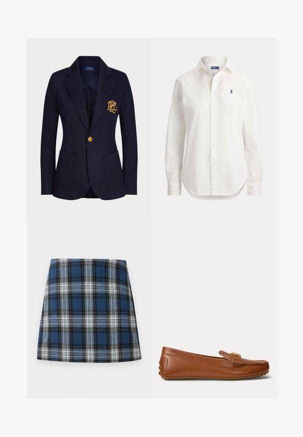 Blazer navy en tissu texturé avec un bouton doré et un logo brodé sur la poche poitrine. Comprend deux poches avant.; Chemise blanche à manches longues avec boutons, col et petit logo bleu d’un joueur de polo sur la poitrine gauche.; Jupe en tartan bleu présentant un motif à carreaux varié en bleu, noir et blanc. Fabriquée dans un tissu texturé avec une silhouette ajustée.; Mocassin en cuir marron avec détail boucle dorée, semelle en caoutchouc avec crampons au talon et sous la semelle.