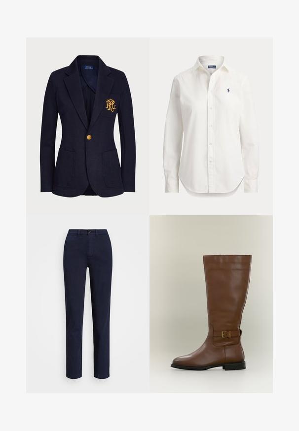 Marineblå blazer med guldknap, to forlommer og guldbroderet logo på venstre brystlomme.; Hvid langærmet skjorte med knapper, krave og lille blåt logo af en polospiller på venstre bryst.; Lauren Ralph Lauren SLIM FIT STRETCH CHINO PANT - Chino - navy; Høj brun læderstøvle med en strop med spænde på siden og lav sort sål, fotograferet mod en neutral baggrund.
