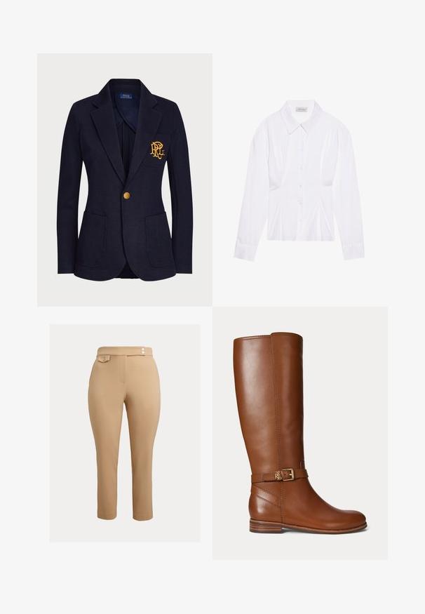 Marineblå blazer med guldknap, to forlommer og guldbroderet logo på venstre brystlomme.; Hvid langærmet bluse med klassisk krave, knaplukning foran og samlede side detaljer. Glat stof med en skræddersyet form.; Beige slim-fit bukser med høj talje, der har to små dekorative knapper ved taljen og en knappet klaplomme på højre side.; Brun læder knæhøj støvle med en lille guldbøjle og "RL" logo på remmen nær anklen, flad hæl og glat finish.