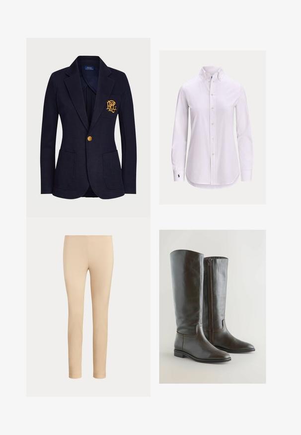 Veste bleu marine avec bouton doré, deux poches avant et logo brodé en or sur la poche poitrine gauche.; Chemise blanche à manches longues avec col boutonné et petit logo brodé sur le poignet gauche.; Pantalon beige slim fit longueur cheville avec une finition lisse, sans poches visibles ni ornements, sur un fond uni.; Bottes en cuir marron arrivant au genou avec un design épuré, pointes effilées et fermeture éclair sur le côté. Talon plat et détails de couture subtils accentuent le style.