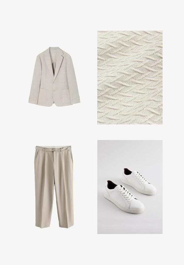 Blazer de lino beige claro con solapa de muesca, dos bolsillos frontales, cierre de doble botón y acentos de cuatro botones en las mangas.; Tela texturizada de color crema, con un patrón de zigzag y hilos elevados para aportar profundidad y dimensión. Textura ligera y suave.; Pantalones beige de pierna ancha con trabillas, dos bolsillos laterales y un cinturón de tela a juego con hebilla metálica en forma de D.; Zapatillas de cuero blanco con perfil bajo, lados perforados, cordones planos y un forro interior marrón contrastante. Suela de goma con patrón texturizado.