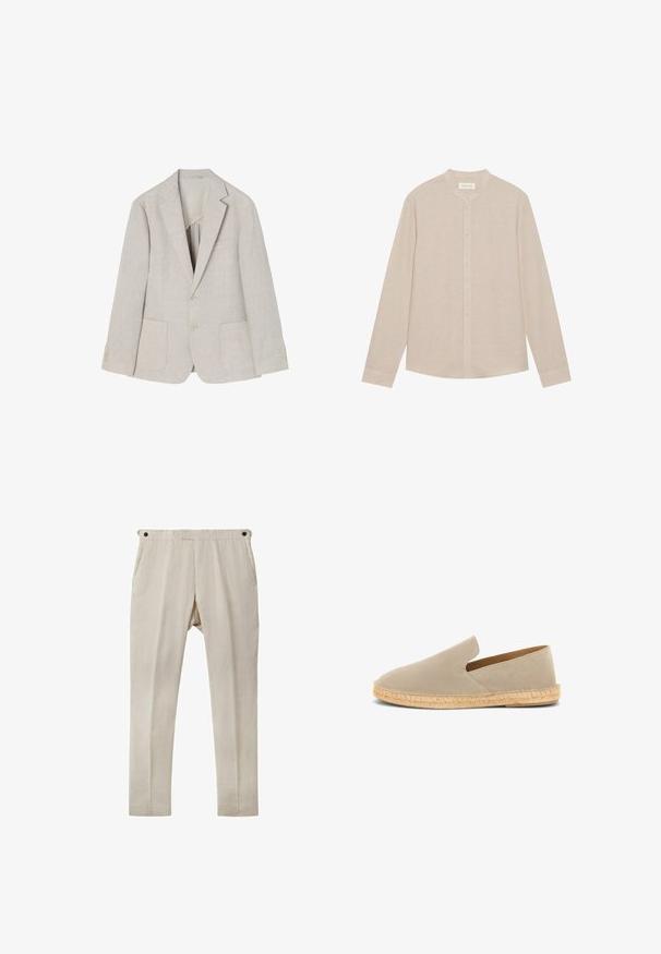 Blazer de lino beige claro con solapa de muesca, dos bolsillos frontales, cierre de doble botón y acentos de cuatro botones en las mangas.; Camisa de manga larga beige hecha de una tela ligera, con un cuello mao y un cierre frontal de botones con una sutil textura.; Pantalones de lino beige con corte recto, que cuentan con dos bolsillos laterales y detalles de botones negros en la cintura. Textura suave y ligera.; Espadrilla beige de ante tipo slip-on con suela envuelta en yute y tacón bajo, vista lateral sobre fondo blanco.