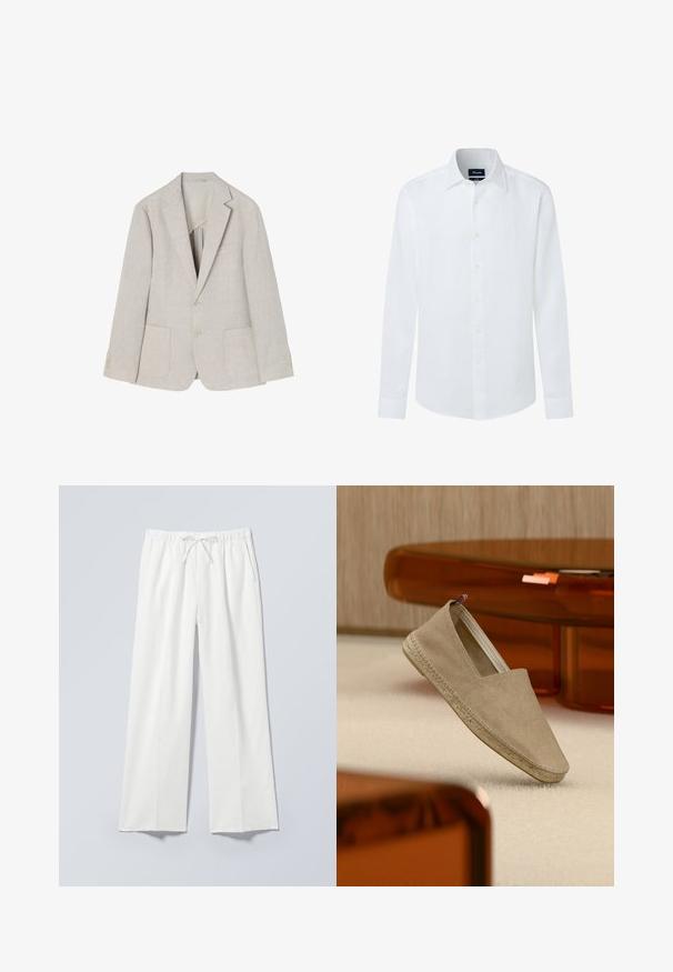 Blazer de lino beige claro con solapa de muesca, dos bolsillos frontales, cierre de doble botón y acentos de cuatro botones en las mangas.; Façonnable Camisa - white; Pantalones blancos de pierna ancha con cintura elástica y cordón, con bolsillos laterales y una tela lisa ligeramente texturizada.; Alpargata de lona beige con suela tejida y pequeña lengüeta tricolor en el talón, situada sobre una alfombra clara con muebles de tono ámbar al fondo.