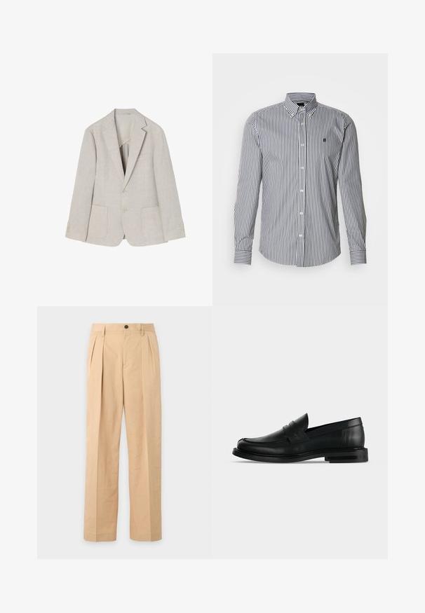Blazer de lino beige claro con solapa de muesca, dos bolsillos frontales, cierre de doble botón y acentos de cuatro botones en las mangas.; Camisa de manga larga con rayas en azul marino y blanco, con cuello abotonado, cierre frontal con botones y detalle de logotipo en el pecho.; Pantalones beige plisados con cierre de botón y cremallera, trabillas para cinturón y piernas rectas y anchas.; Mocasín penny negro de cuero para hombre con tacón bajo y apilado y puntera redondeada, mostrado de lado sobre un fondo gris claro.