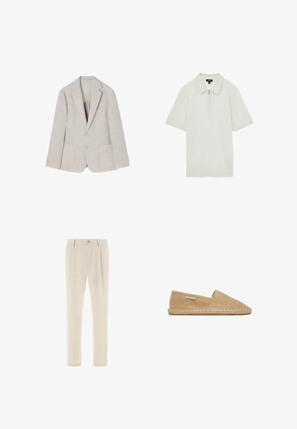 Blazer de lino beige claro con solapa de muesca, dos bolsillos frontales, cierre de doble botón y acentos de cuatro botones en las mangas.; Polo con cremallera en color crema, hecho de una tela suave, presenta un cuello puntiagudo, mangas cortas y un dobladillo recto.; Pantalones beige a medida con trabillas para cinturón, cierre frontal con botón y corte recto.; Espadrille de ante marrón claro tipo slip-on con suela de yute trenzado y pequeña etiqueta de la marca en el lateral, mostrado sobre fondo blanco.