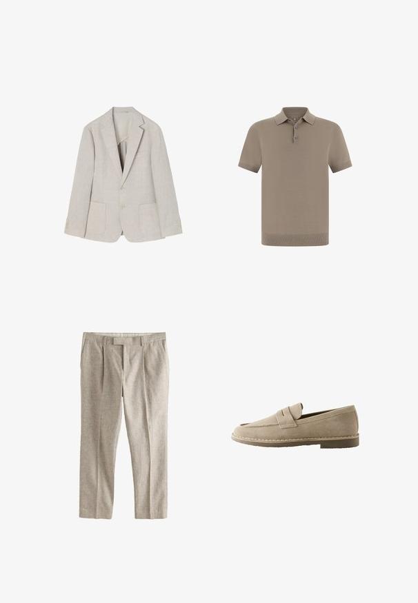 Blazer de lino beige claro con solapa de muesca, dos bolsillos frontales, cierre de doble botón y acentos de cuatro botones en las mangas.; Polo en topo con acabado texturizado, mangas cortas y cuello. Cuenta con una tapeta de tres botones y puños acanalados.; Pantalones de lino beige con trabillas, pliegues delanteros y bolsillos laterales, mostrados planos sobre un fondo blanco.; Mocasín beige de ante sin cordones con detalle de tira cosida, tacón bajo y suela de goma, mostrado de perfil sobre un fondo blanco.
