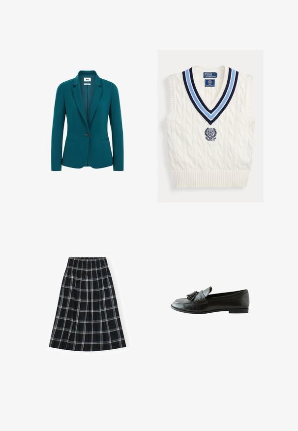 Teal blazer van een gladde stof, met een geknipt revers, enkele knoopsluiting, twee zijzakken en gestructureerde schouders.; Wit kabelgebreid mouwloos trui-vest met blauw gestreepte V-hals en Polo Ralph Lauren Wimbledon-logo op de borst.; Zwart-witte geruite rok met een smockband in de taille, kniebestaan, met een uitlopende ontwerp en een zachte stoftextuur.; Zwarte leren loafer met kwastjes bovenop en lage hak, zijaanzicht op witte achtergrond.