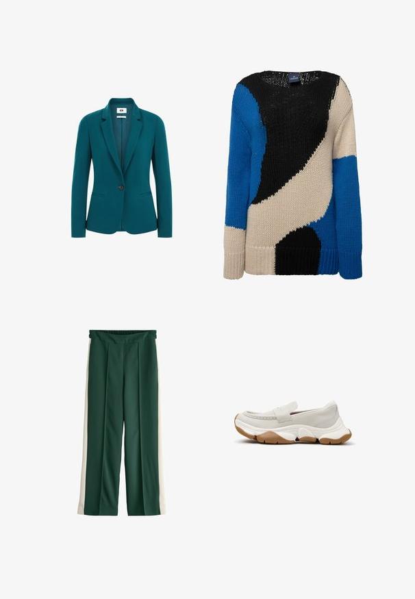 Blazer verde azulado de tejido suave, con solapas con muesca, cierre de un solo botón, dos bolsillos laterales y hombros estructurados.; Suéter de punto con bloques de color audaces en negro, azul y beige. Cuello redondo, mangas largas y puños acanalados que aportan textura y calidez.; Pantalones de pierna ancha de color verde oscuro con cintura elástica y rayas blancas verticales a lo largo de las costuras exteriores en ambas piernas.; Zapato slip-on gris claro con suela de goma gruesa blanca y marrón, costuras estilo mocasín y una tira ancha en la parte superior.